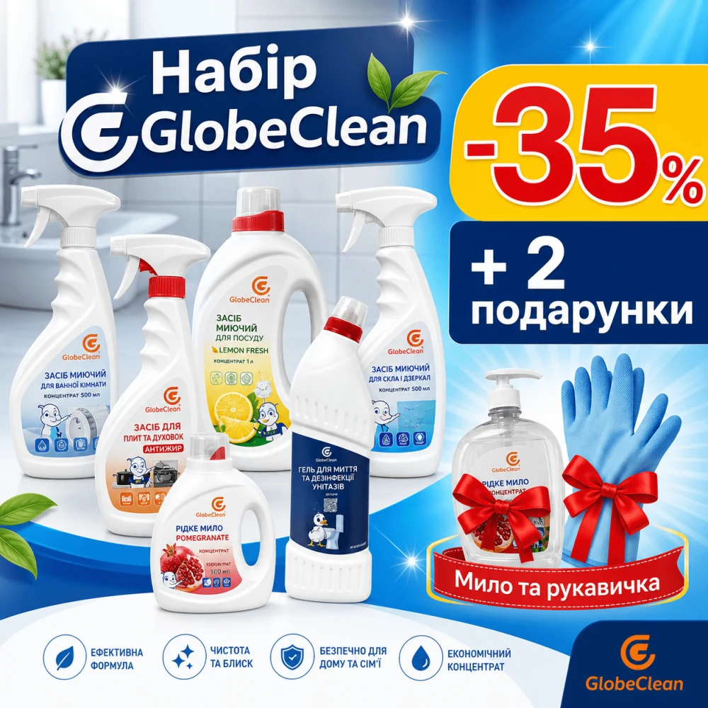 Набір GlobeClean для дому -35%: унітаз, скло, посуд, ванна, антижир + подарунки